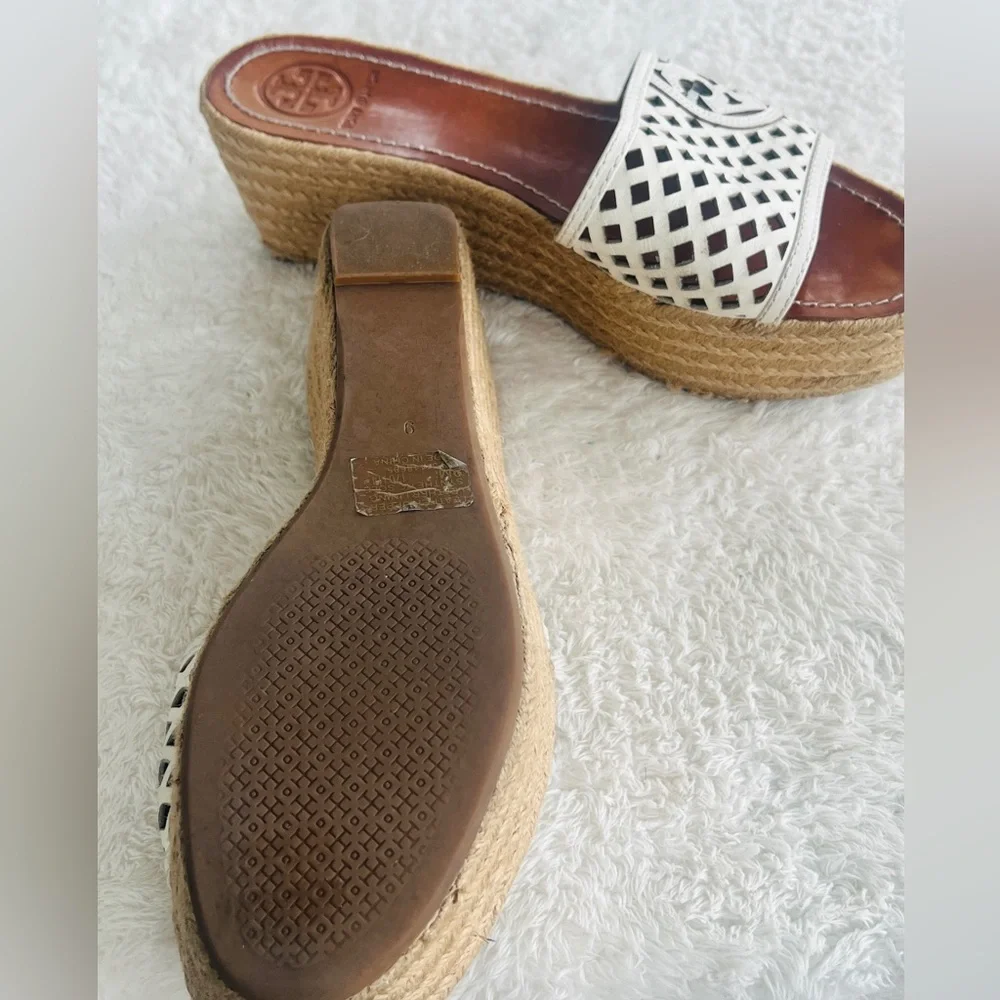 Tory Burch Sz 9 White Leather Logo Espadrille Wedge Platform Sandals Slide